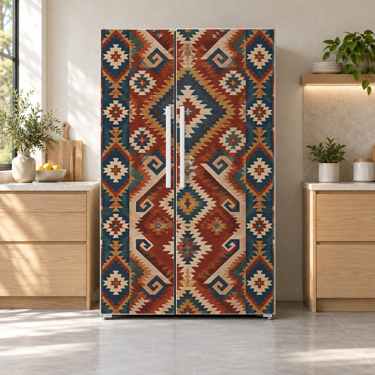 Kilim Pattern fridge wrap on a side-by-side refrigerator