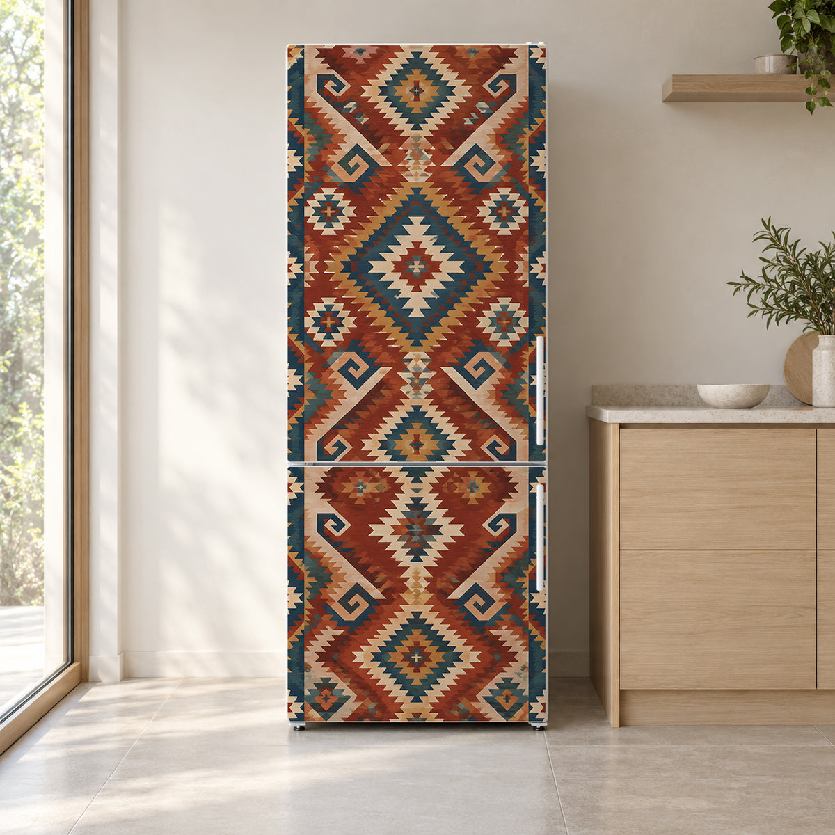 Kilim Pattern fridge wrap on a white refrigerator in a bright kitchen