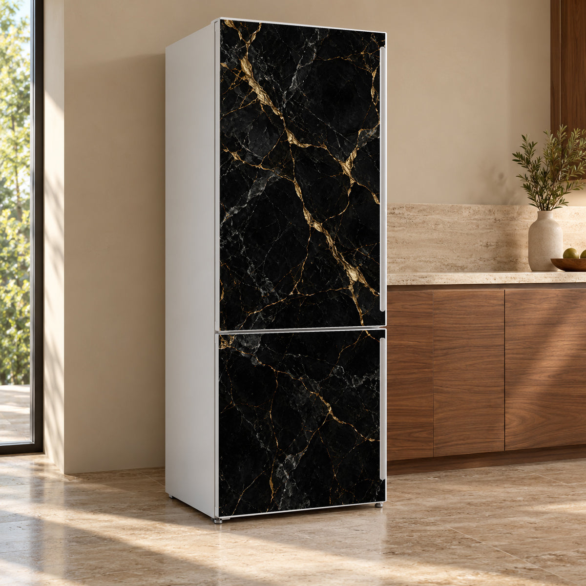 Kintsugi Marble fridge wrap, refrigerator shown at an angle