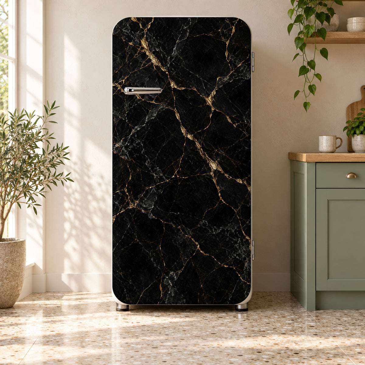 Kintsugi Marble fridge wrap on a retro refrigerator