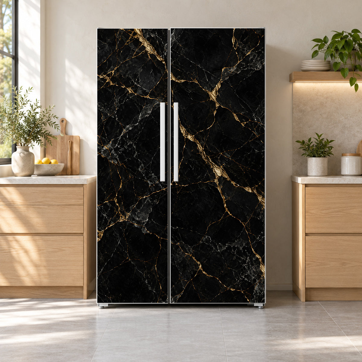 Kintsugi Marble fridge wrap on a side-by-side refrigerator
