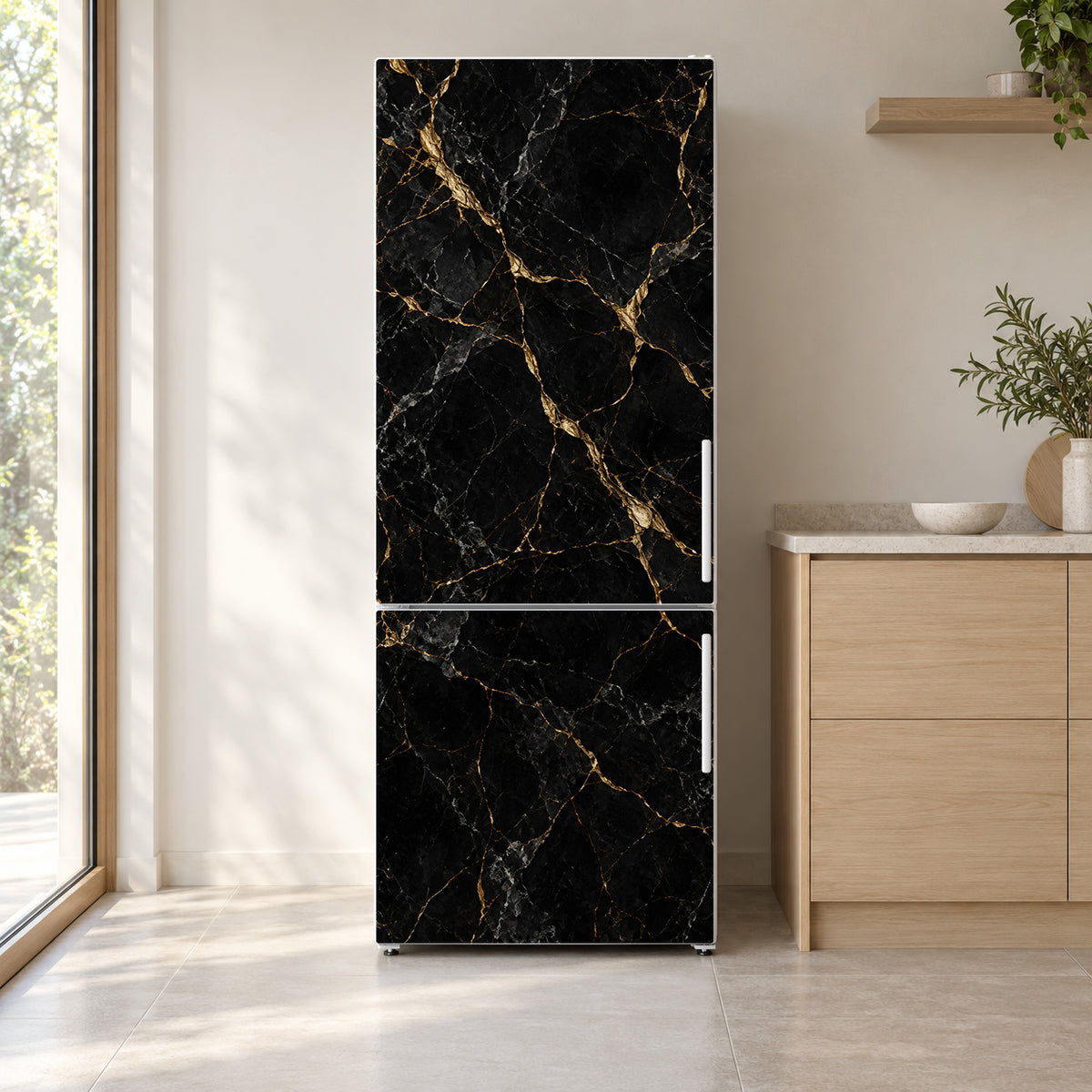 Kintsugi Marble fridge wrap on a white refrigerator in a bright kitchen