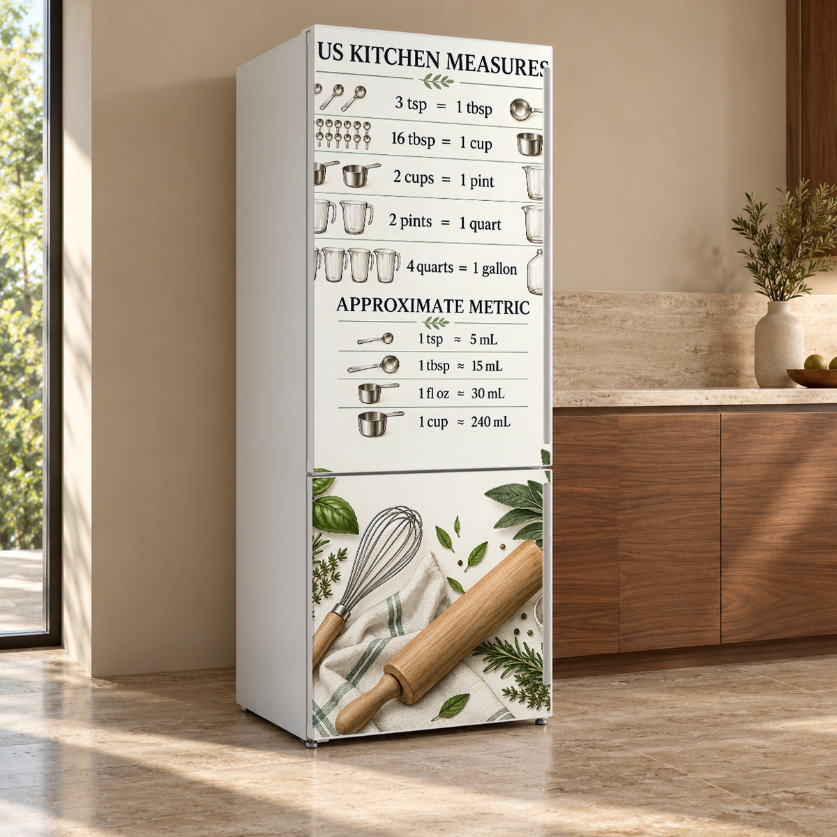 Kitchen Conversion Chart fridge wrap, refrigerator shown at an angle