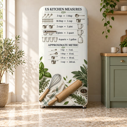 Kitchen Conversion Chart fridge wrap on a retro refrigerator