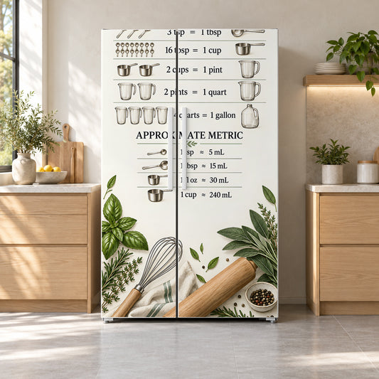 Kitchen Conversion Chart fridge wrap on a side-by-side refrigerator