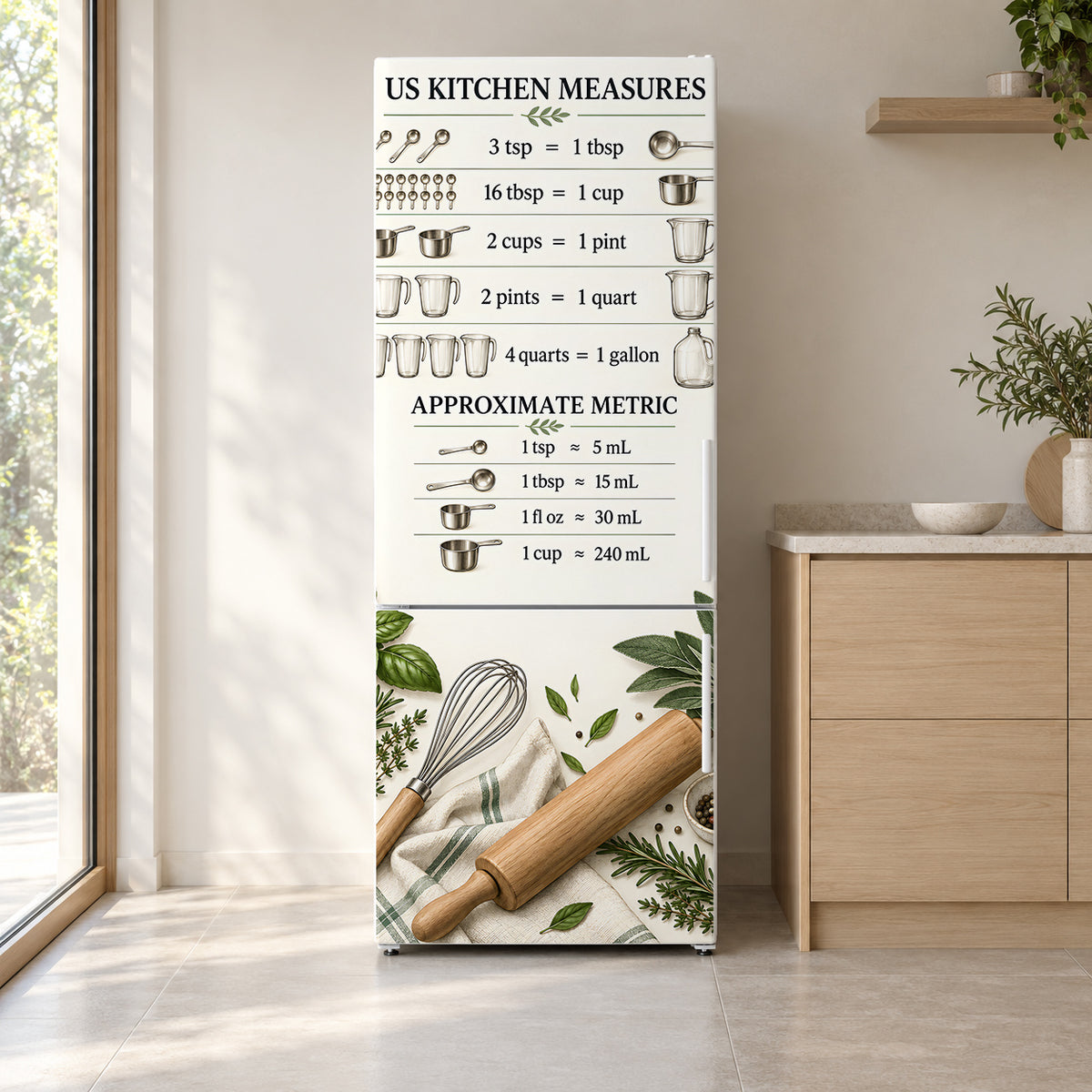 Kitchen Conversion Chart fridge wrap on a white refrigerator in a bright kitchen