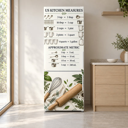 Kitchen Conversion Chart fridge wrap on a white refrigerator in a bright kitchen