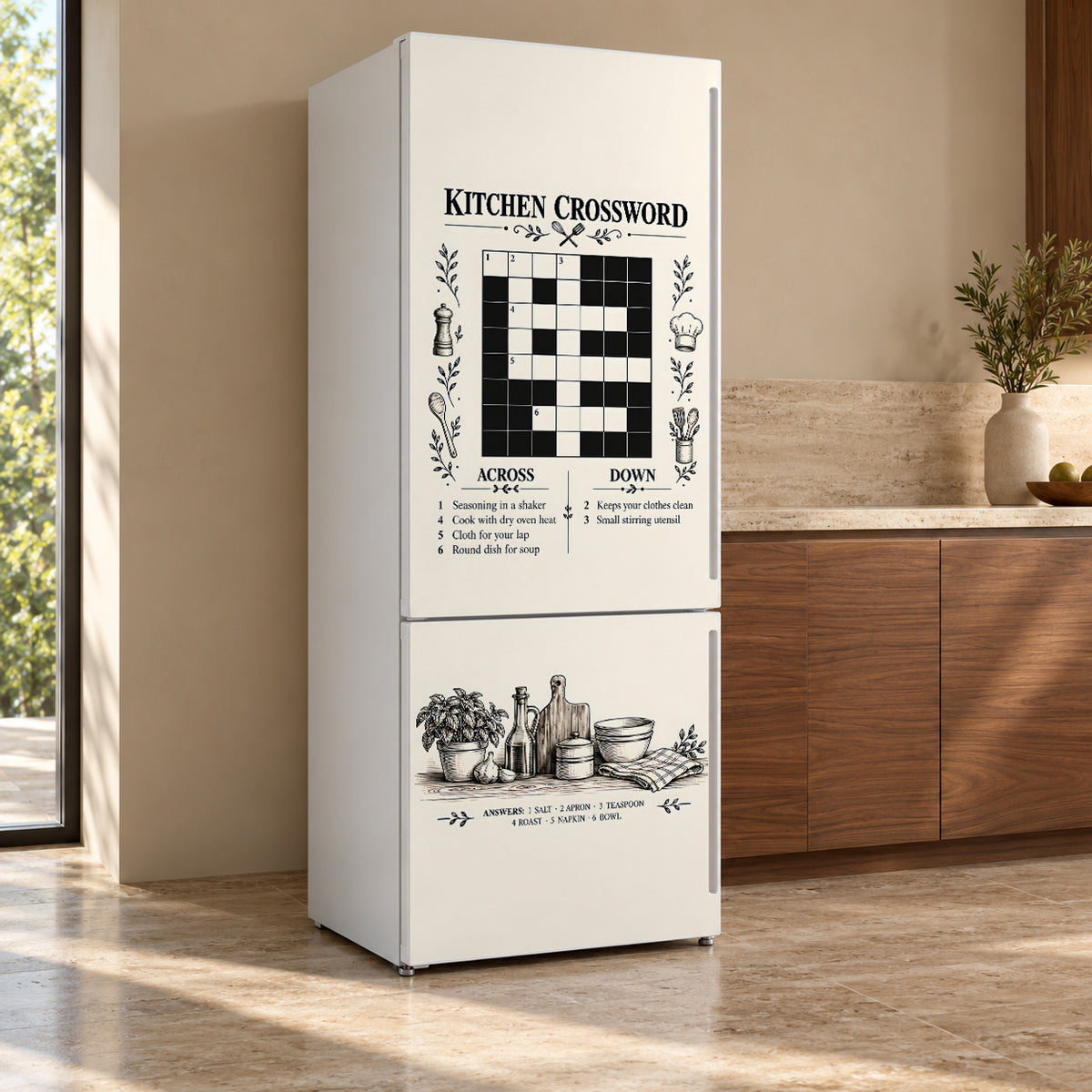 Kitchen Crossword Puzzle fridge wrap, refrigerator shown at an angle