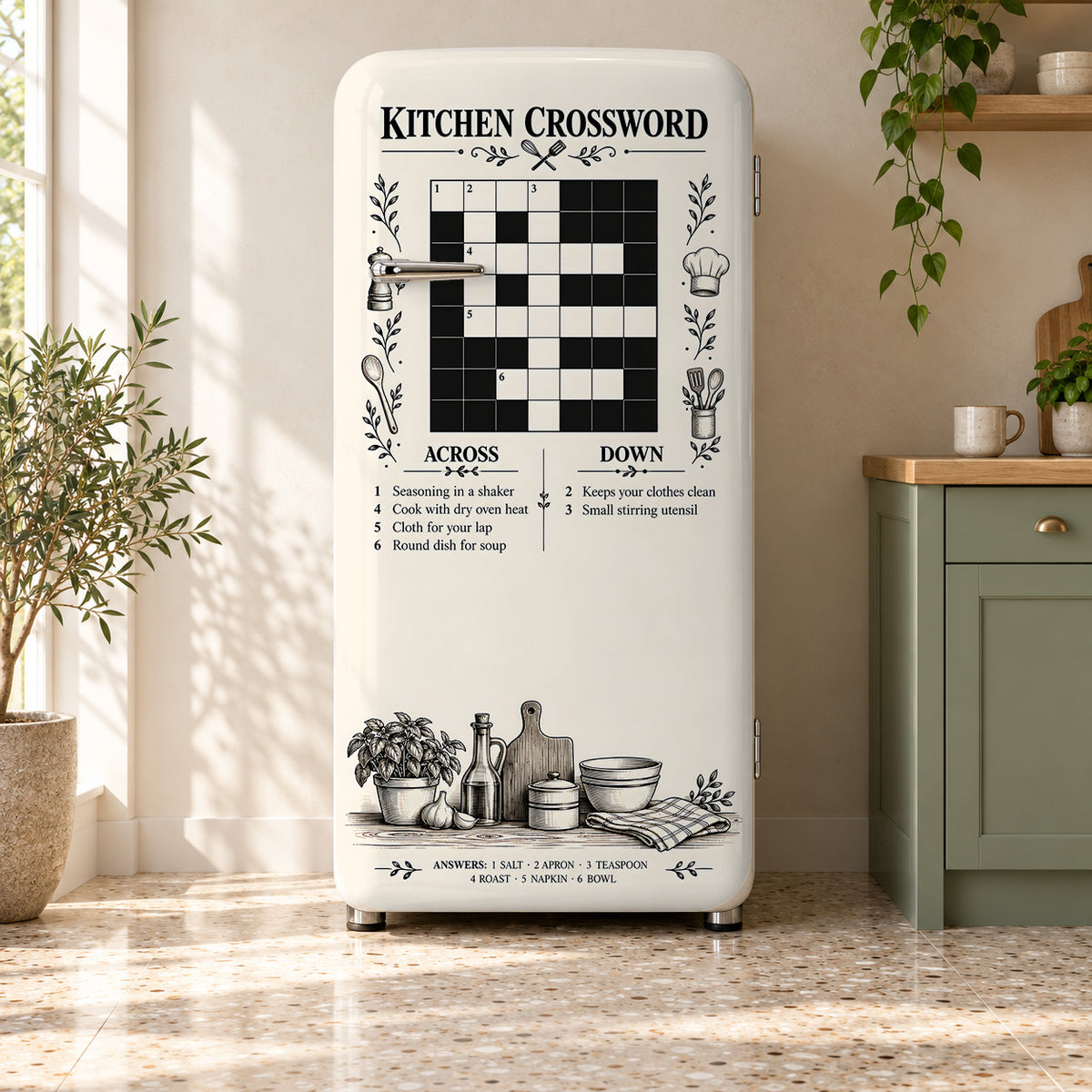 Kitchen Crossword Puzzle fridge wrap on a retro refrigerator