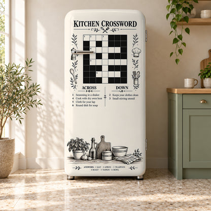 Kitchen Crossword Puzzle fridge wrap on a retro refrigerator