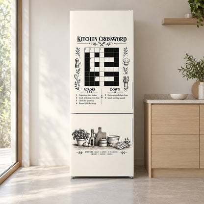 Kitchen Crossword Puzzle fridge wrap on a white refrigerator in a bright kitchen