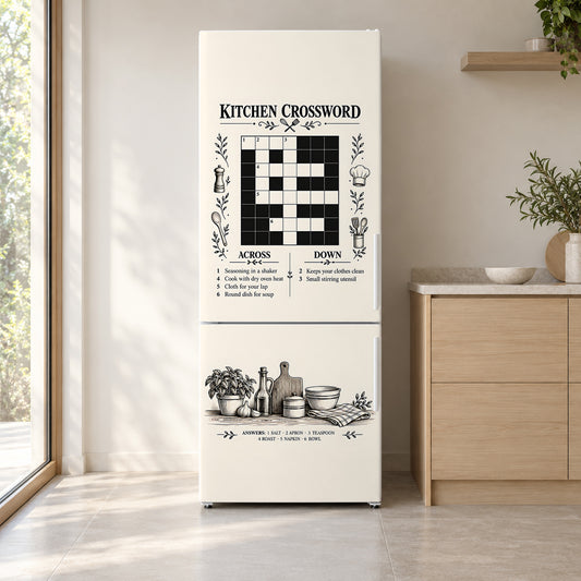 Kitchen Crossword Puzzle fridge wrap on a white refrigerator in a bright kitchen