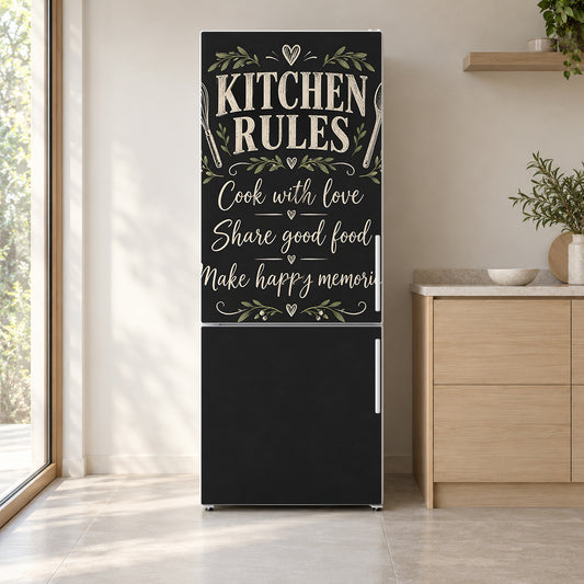 Kitchen Rules Chalkboard fridge wrap on a white refrigerator in a bright kitchen