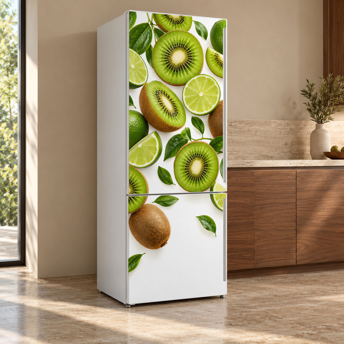 Kiwi & Lime Slices fridge wrap, refrigerator shown at an angle