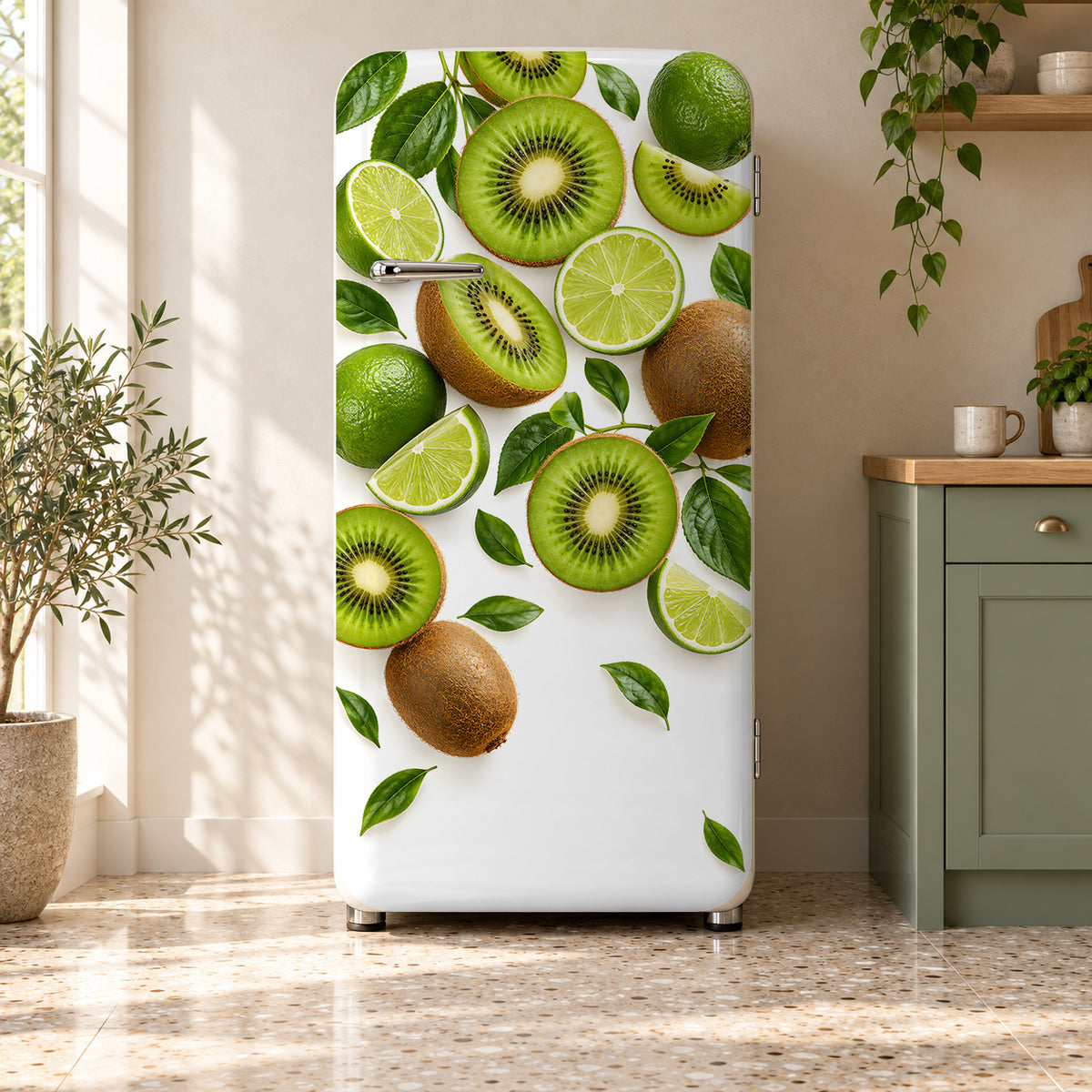 Kiwi & Lime Slices fridge wrap on a retro refrigerator