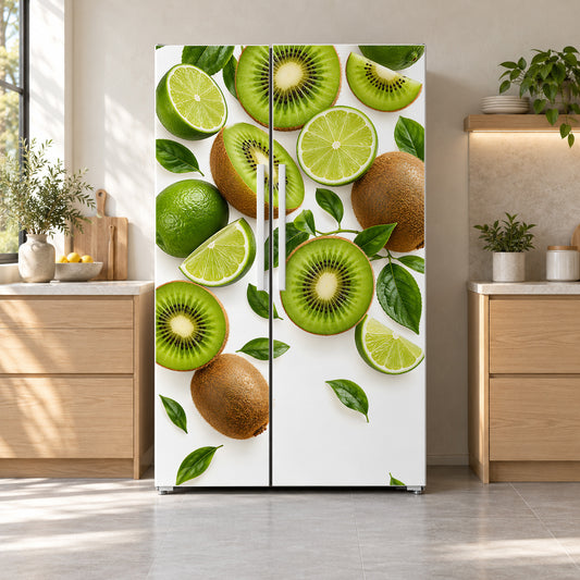 Kiwi & Lime Slices fridge wrap on a side-by-side refrigerator