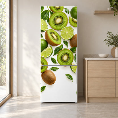 Kiwi & Lime Slices fridge wrap on a white refrigerator in a bright kitchen