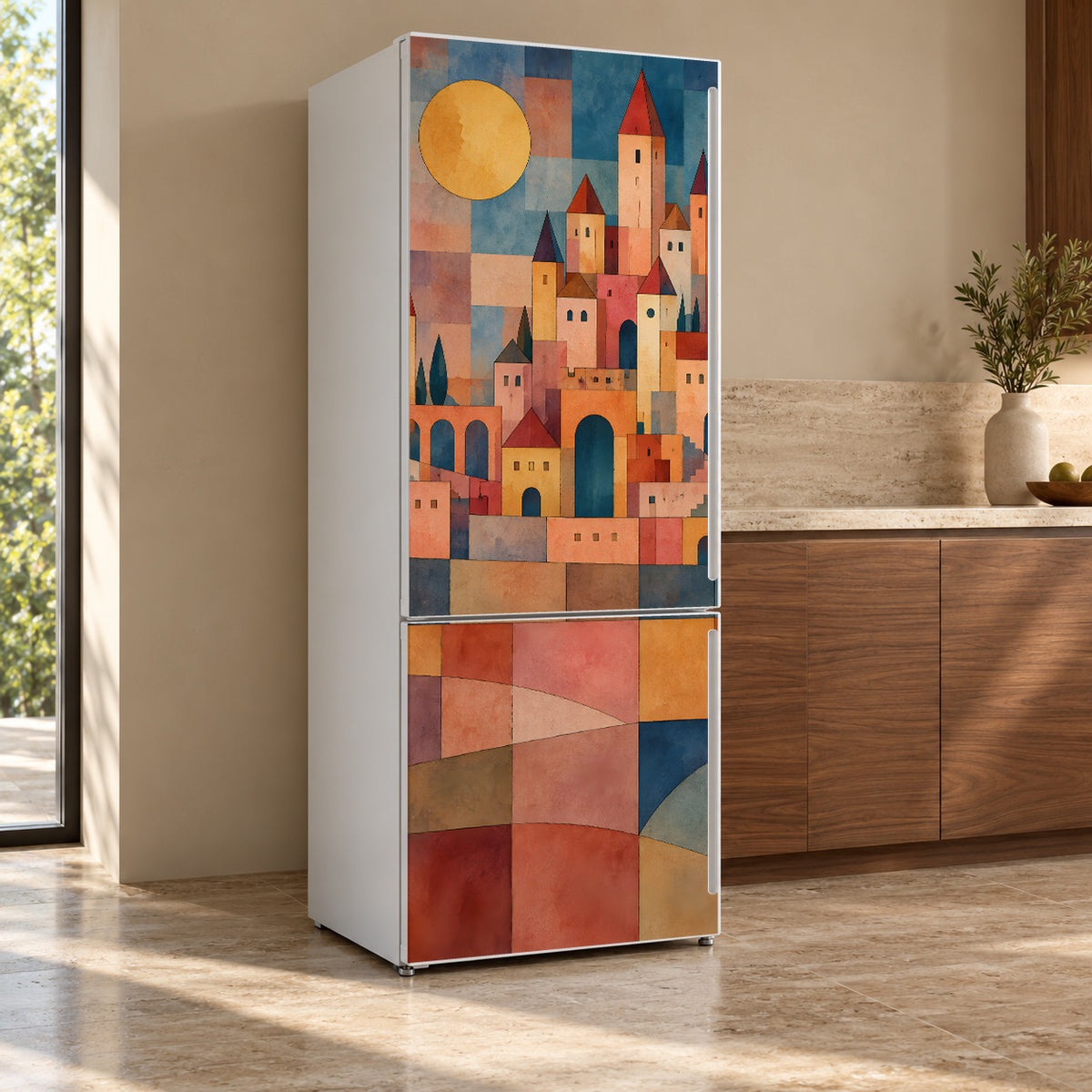 Klee-Inspired Castle & Sun fridge wrap, refrigerator shown at an angle