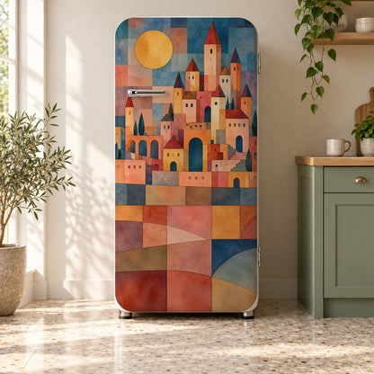 Klee-Inspired Castle & Sun fridge wrap on a retro refrigerator