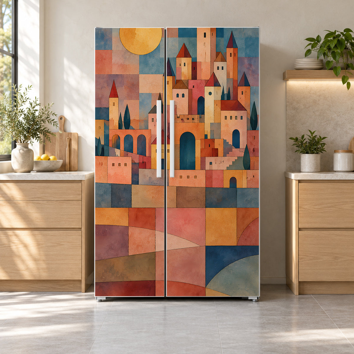Klee-Inspired Castle & Sun fridge wrap on a side-by-side refrigerator
