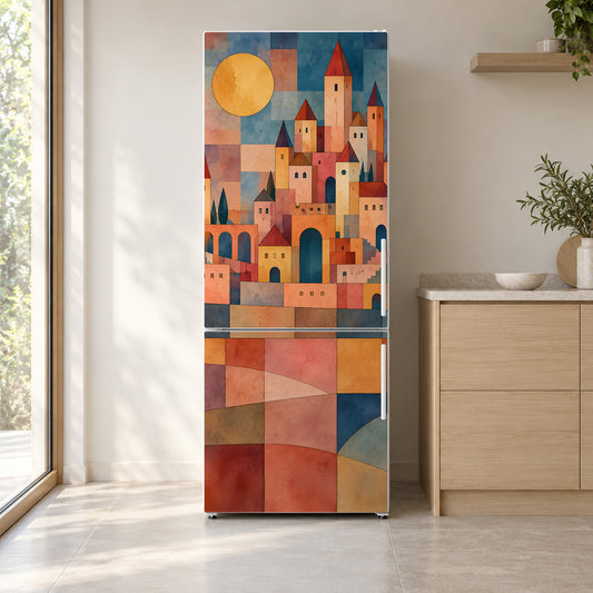 Klee-Inspired Castle & Sun fridge wrap on a white refrigerator in a bright kitchen