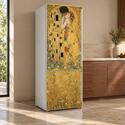 Klimt Inspired The Kiss fridge wrap, refrigerator shown at an angle