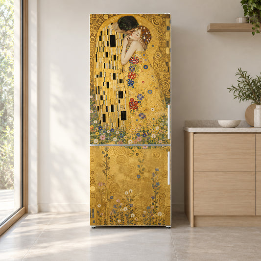 Klimt Inspired The Kiss fridge wrap on a white refrigerator in a bright kitchen