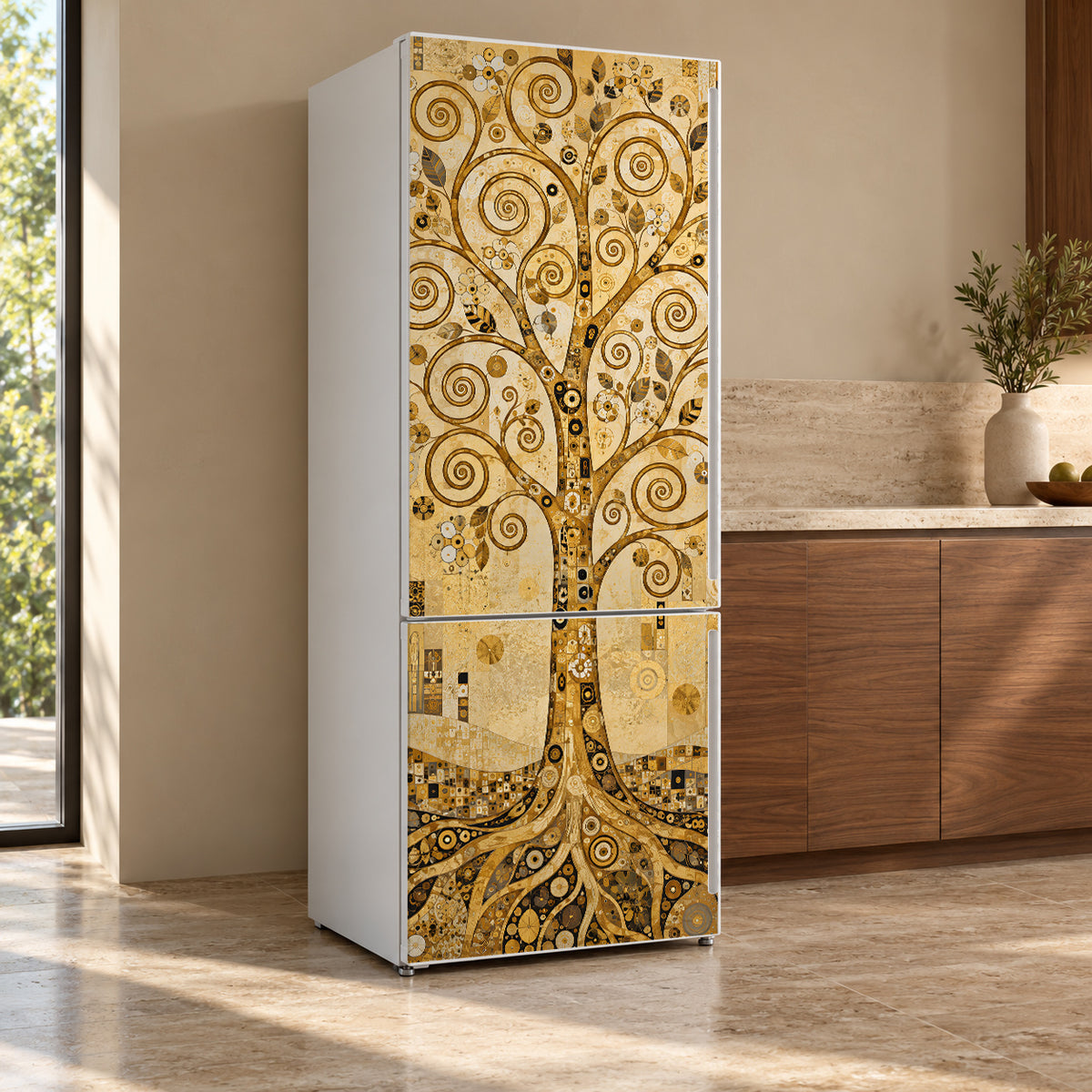 Klimt-Inspired Tree of Life fridge wrap, refrigerator shown at an angle