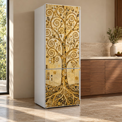 Klimt-Inspired Tree of Life fridge wrap, refrigerator shown at an angle