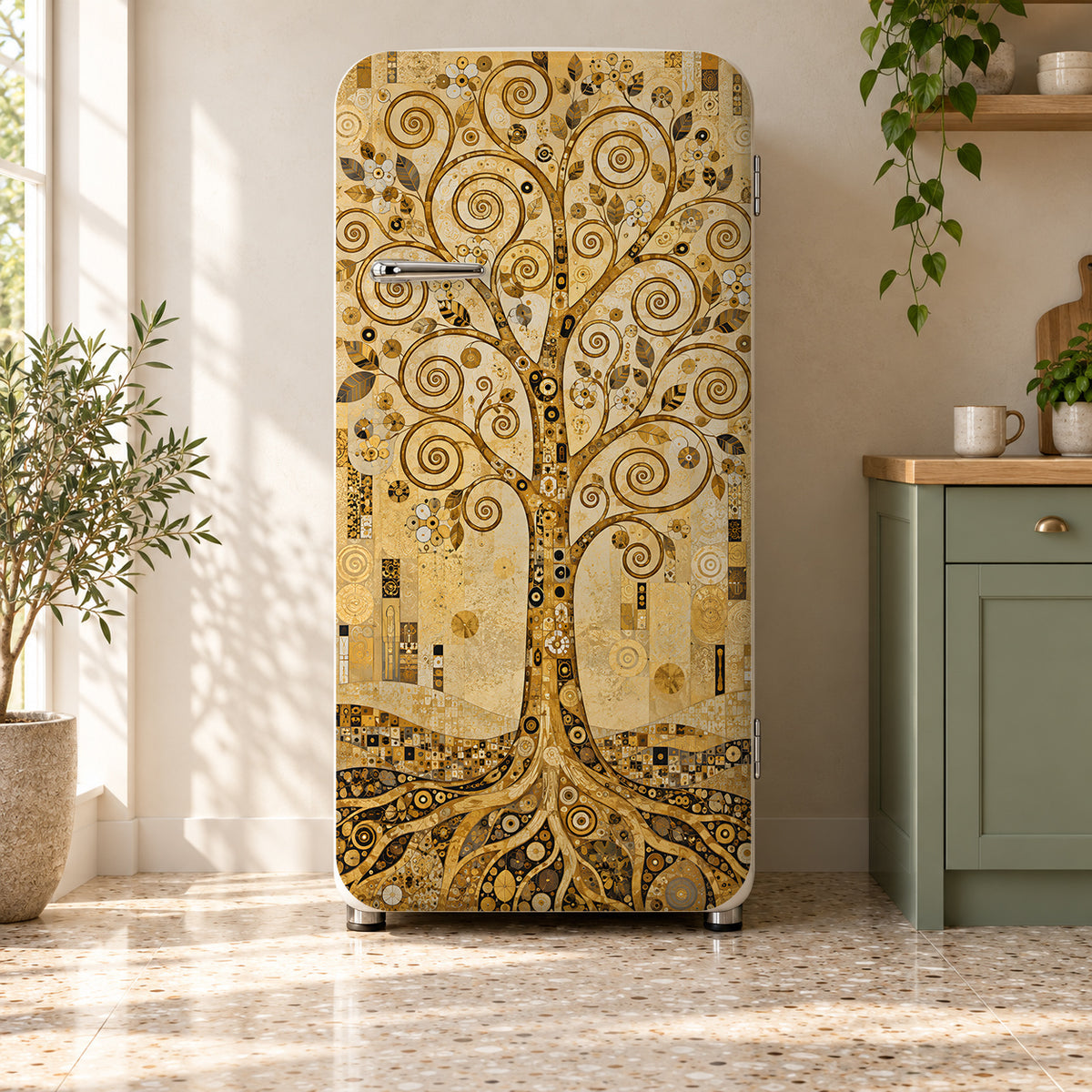 Klimt-Inspired Tree of Life fridge wrap on a retro refrigerator