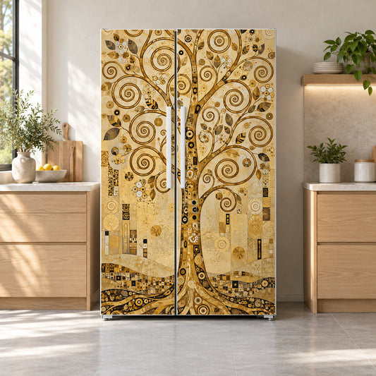 Klimt-Inspired Tree of Life fridge wrap on a side-by-side refrigerator