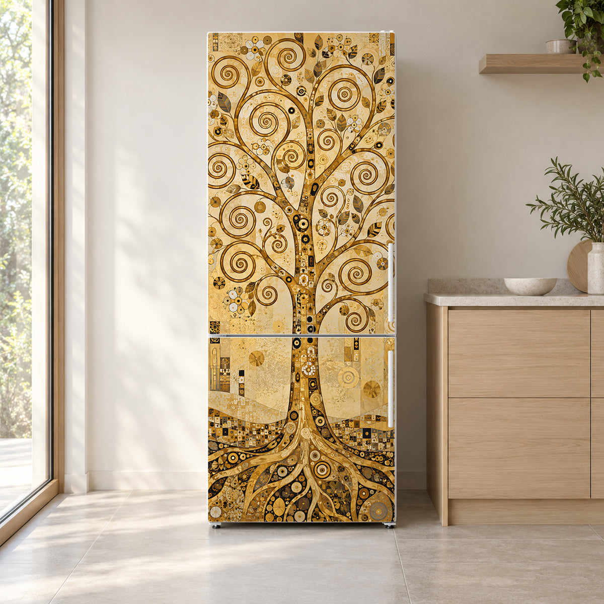 Klimt-Inspired Tree of Life fridge wrap on a white refrigerator in a bright kitchen