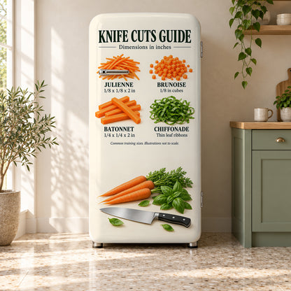 Knife Cuts Guide fridge wrap on a retro refrigerator