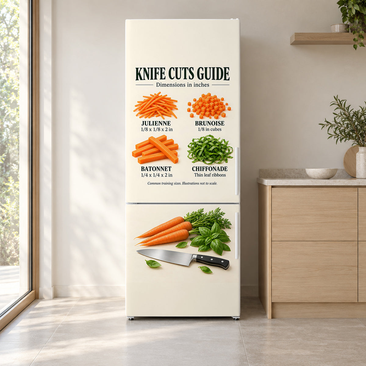 Knife Cuts Guide fridge wrap on a white refrigerator in a bright kitchen