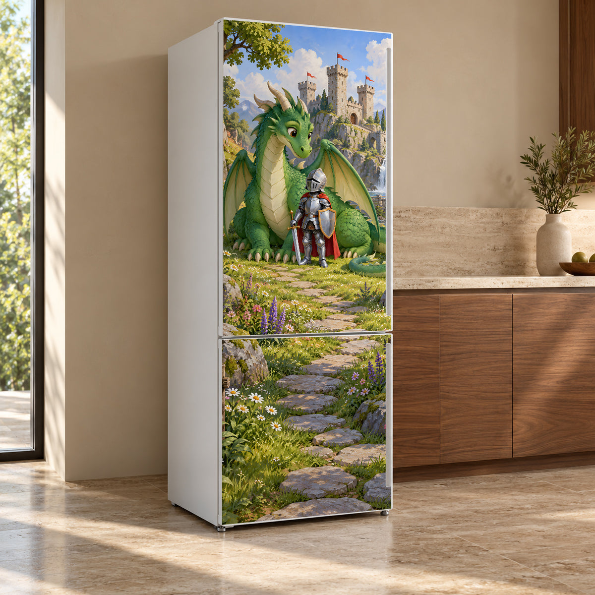 Knights & Dragons fridge wrap, refrigerator shown at an angle