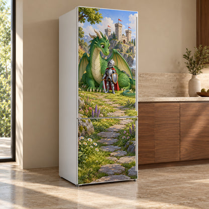 Knights & Dragons fridge wrap, refrigerator shown at an angle
