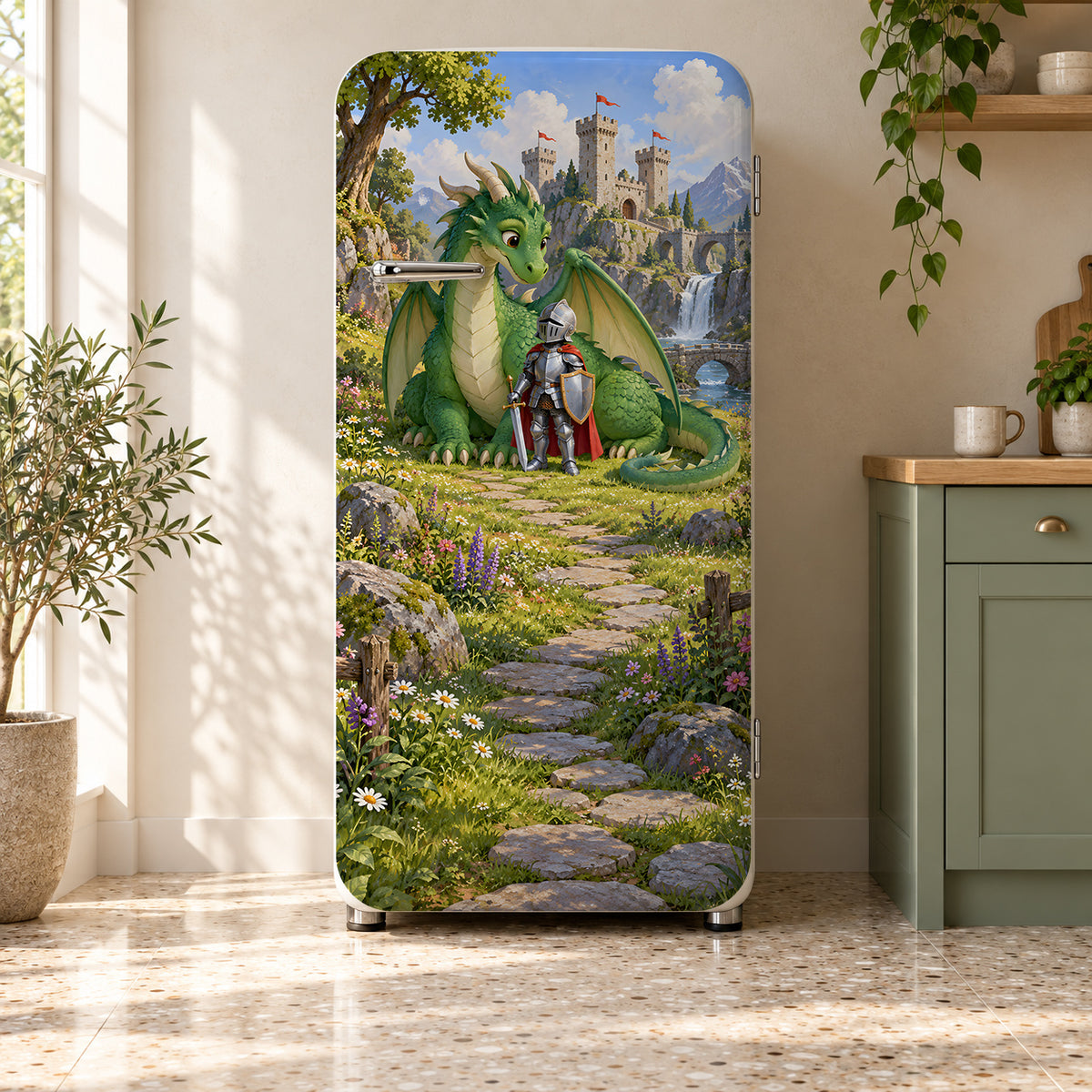 Knights & Dragons fridge wrap on a retro refrigerator