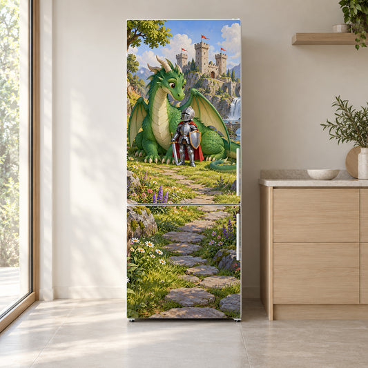 Knights & Dragons fridge wrap on a white refrigerator in a bright kitchen