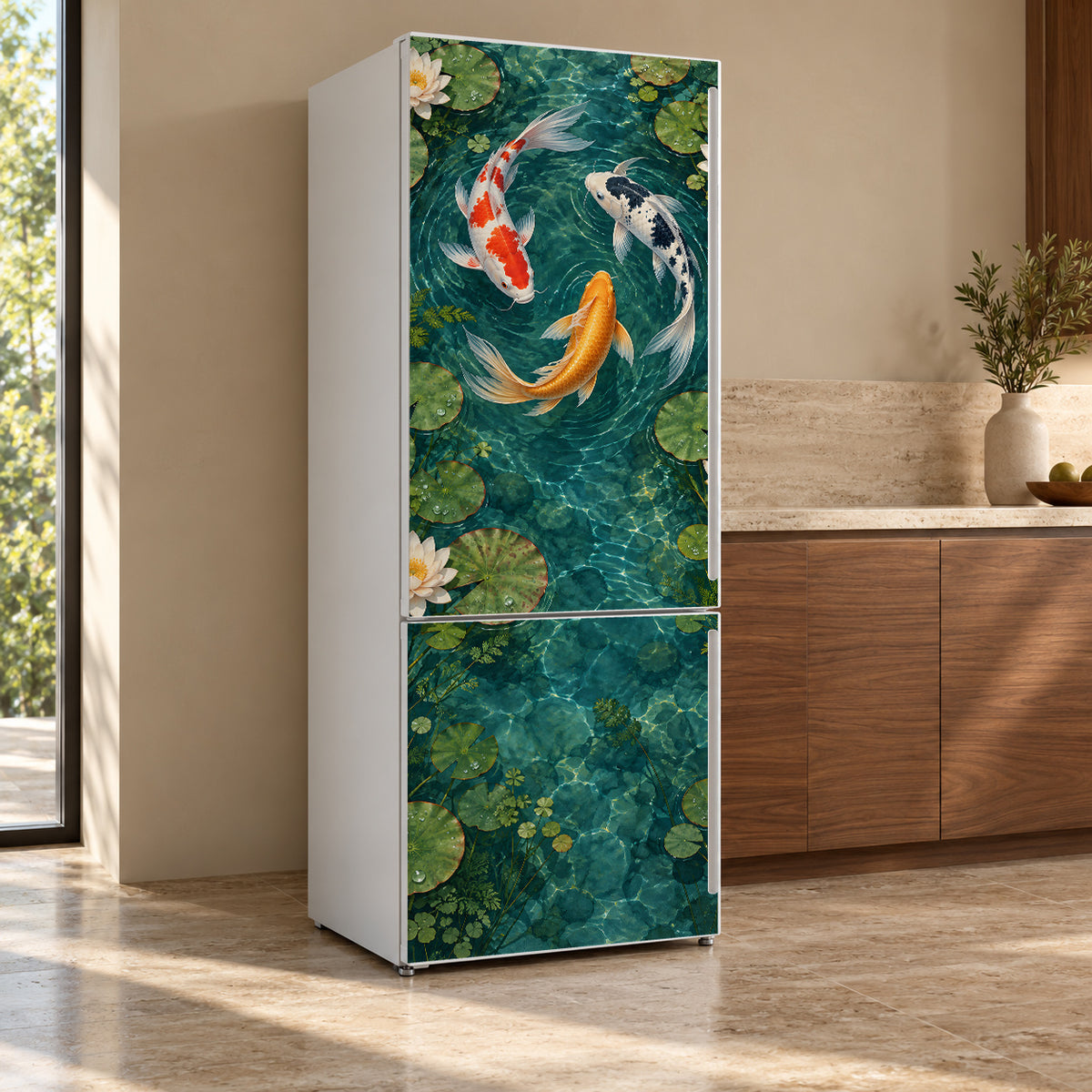 Koi Pond fridge wrap, refrigerator shown at an angle