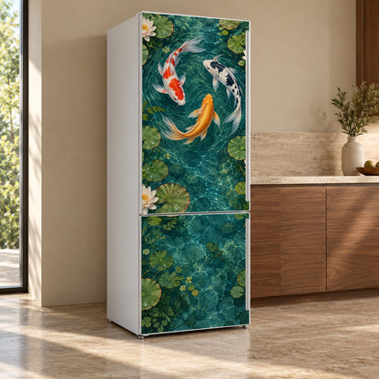 Koi Pond fridge wrap, refrigerator shown at an angle