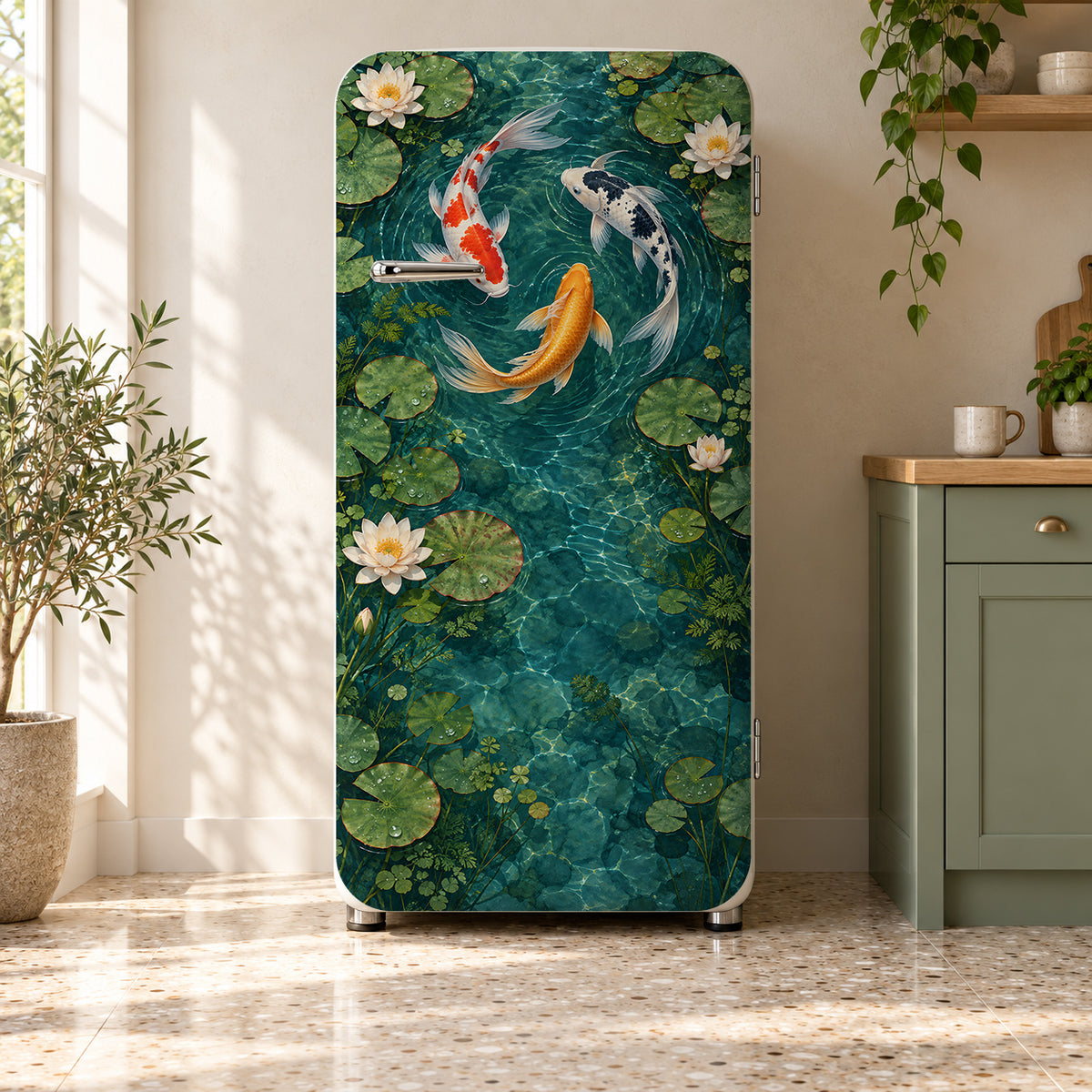 Koi Pond fridge wrap on a retro refrigerator