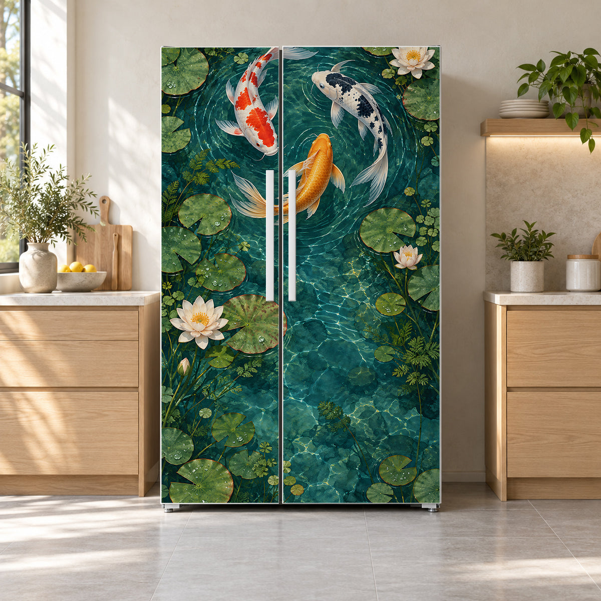 Koi Pond fridge wrap on a side-by-side refrigerator