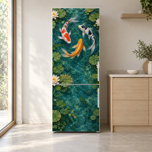 Koi Pond fridge wrap on a white refrigerator in a bright kitchen