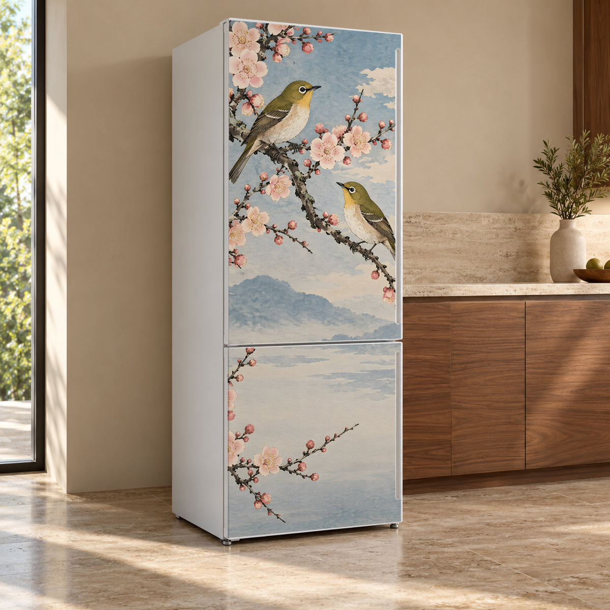 Koson-Inspired Birds & Blossoms fridge wrap, refrigerator shown at an angle