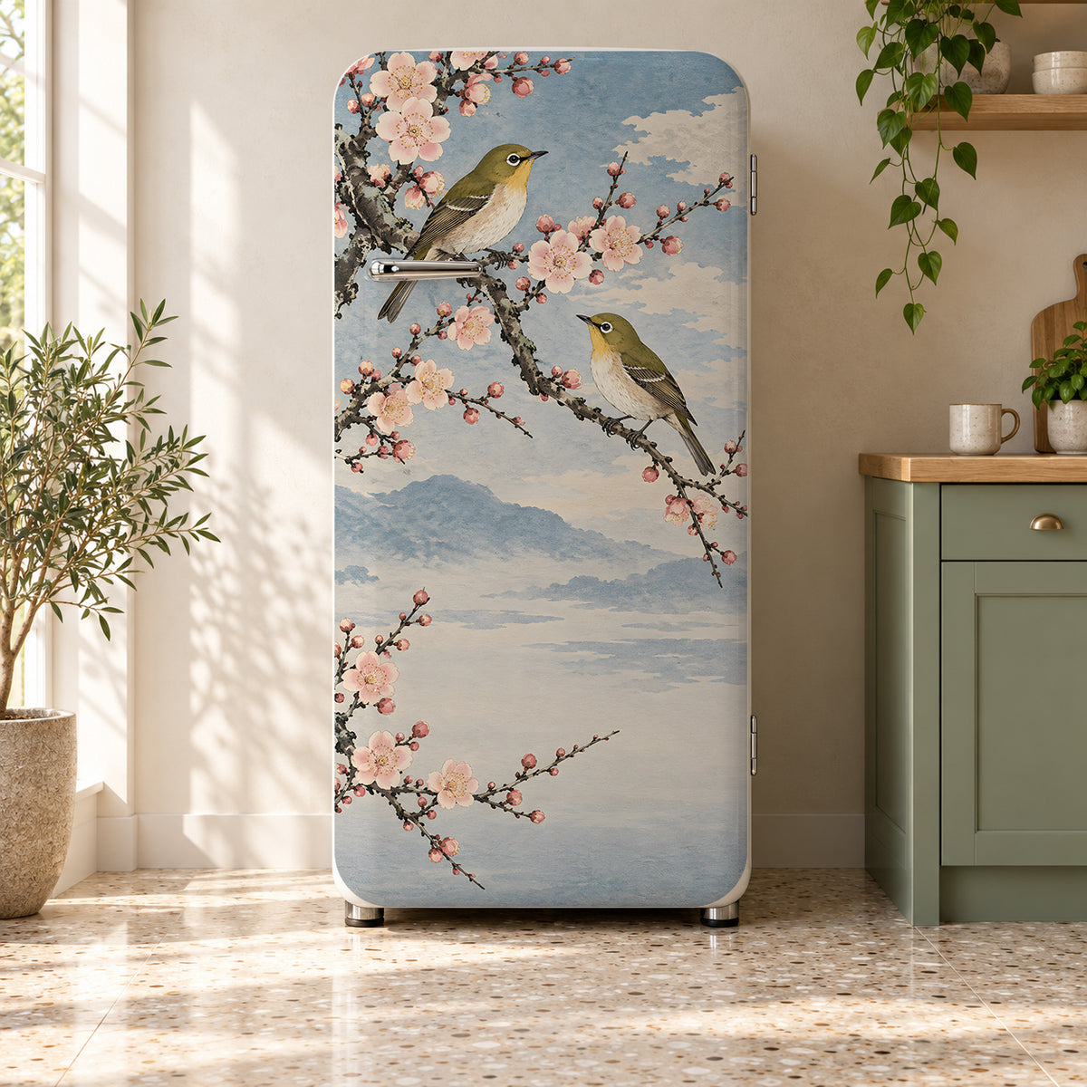 Koson-Inspired Birds & Blossoms fridge wrap on a retro refrigerator