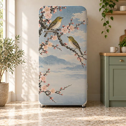 Koson-Inspired Birds & Blossoms fridge wrap on a retro refrigerator
