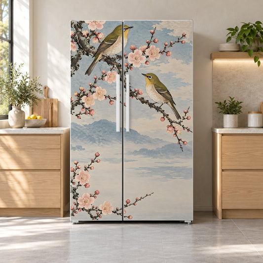 Koson-Inspired Birds & Blossoms fridge wrap on a side-by-side refrigerator