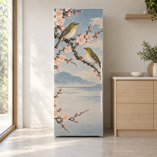 Koson-Inspired Birds & Blossoms fridge wrap on a white refrigerator in a bright kitchen