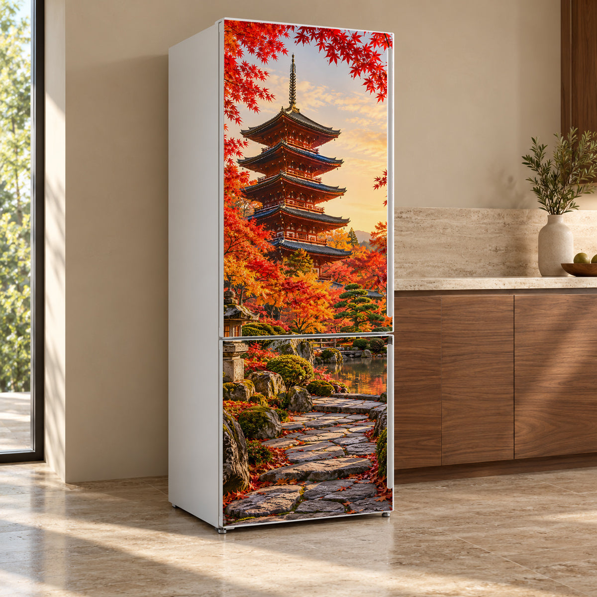 Kyoto Pagoda Autumn Maples fridge wrap, refrigerator shown at an angle