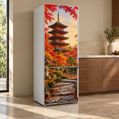 Kyoto Pagoda Autumn Maples fridge wrap, refrigerator shown at an angle